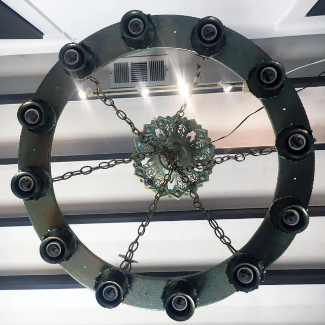 Art Deco 1920s Art Deco Verdigris + Gold Finish 12 Light Chandelier For Sale - Image 3 of 12