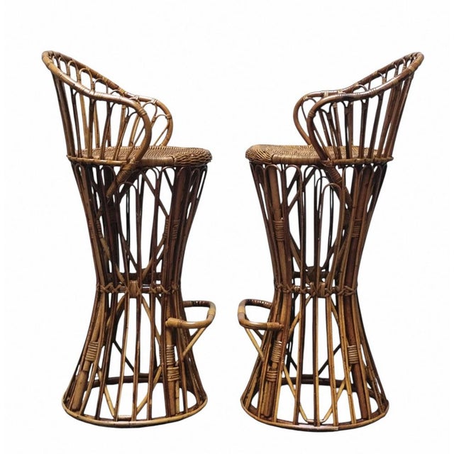 Hourglass-Shaped Woven Wicker Stools in the style of Tito Agnoli, Italy, 1960s, Set of 2 For Sale - Image 6 of 11