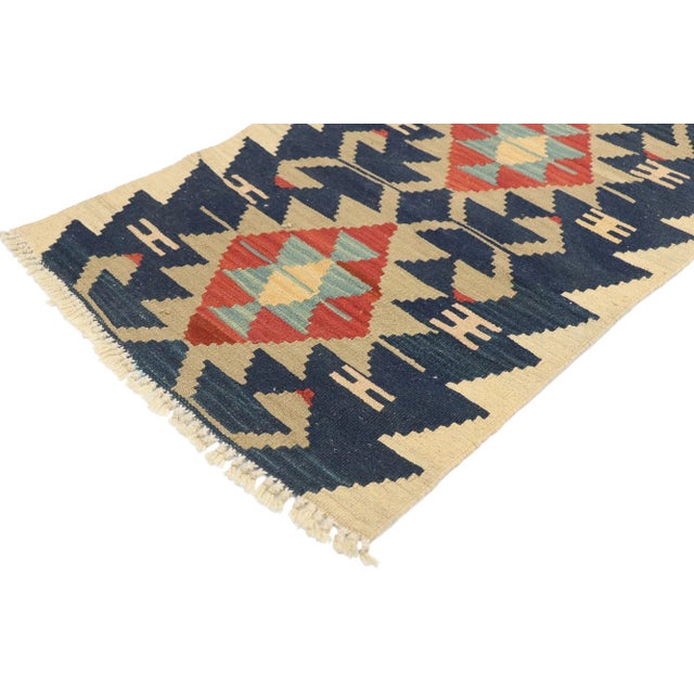 Vintage Persian Shiraz Kilim Rug with Tribal Style 02'00 x 02'11. Full of tiny details and a bold expressive design...