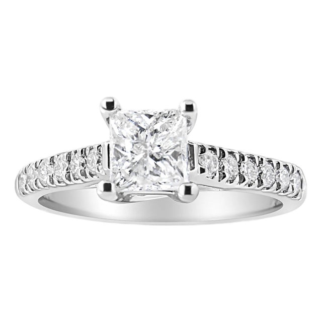 14K White Gold 1 1/5 Cttw 4-Prong Set Princess Diamond Classic Engagement Ring (I1-I2 Color, H-I Clarity) Ring Size 7 For Sale