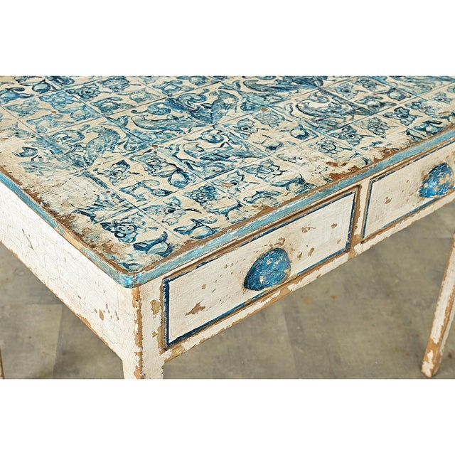 Wood English Pine Table with Faux Delft Tile Painted Top For Sale - Image 7 of 12