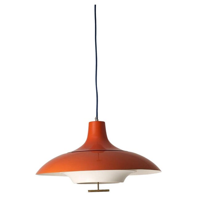 Large Mid-Century Orange Metal Pendant with White Diffuser and Brass Detail, 1960s For Sale - Image 11 of 11