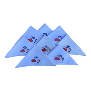 1960s Mid Century Embroidered White Linen Cocktail Napkins - Set of 8 For Sale