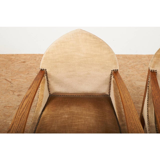 Arts and Crafts Oak Armchairs with Velour Upholstery, Set of 2 For Sale - Image 4 of 13