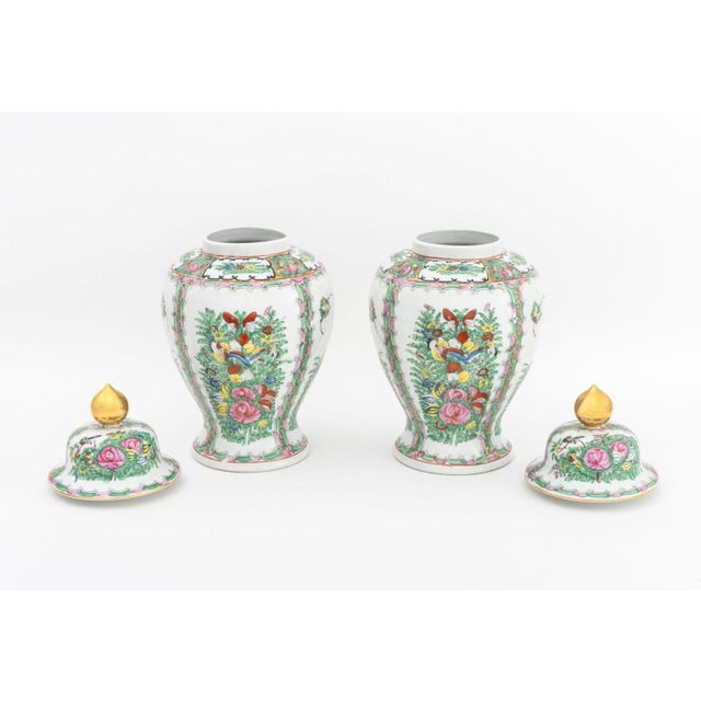 Pair of Vintage Asian Floral Painted Porcelain Covered Urns For Sale - Image 9 of 11