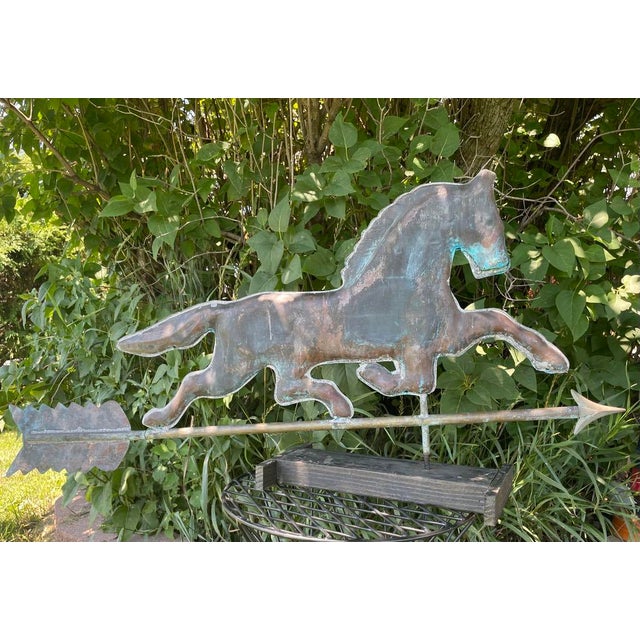Early 20th Century Copper Horse Weathervane With Copper Ball and Milk Glass & Wood Stand For Sale - Image 14 of 14