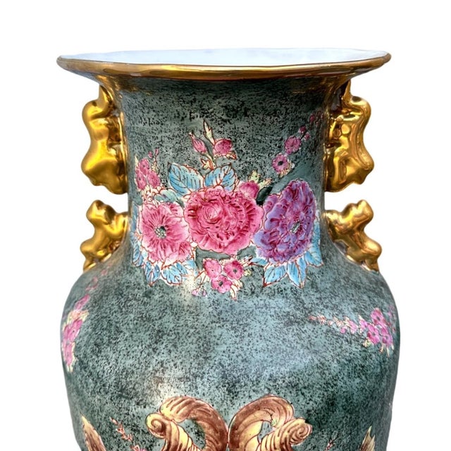 Large Vintage Chinoiserie Green & Pink Rose Famille Peonies Porcelain Vase W/Double Ears Lovely vintage Chinese porcelain...