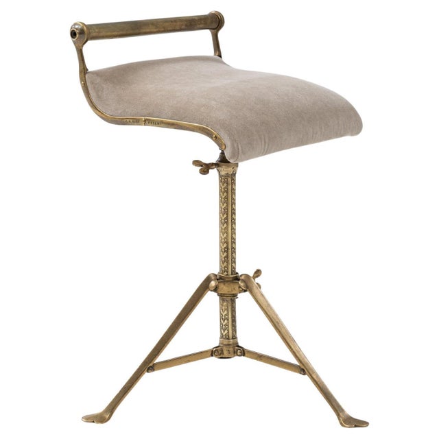 1920s French Brass Adjustable Stool With Upholstered Seat and Tripod Base For Sale - Image 15 of 18