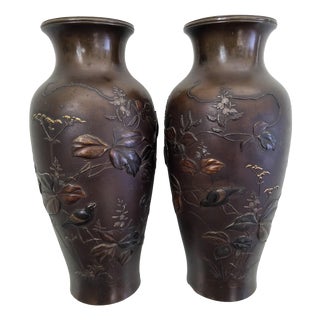 Antique Japanese Meiji Bronze and Mixed-Metal Vases, 1890s, Set of 2 For Sale