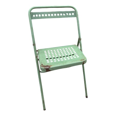 French Brutalist Green Folding Metal Garden Chair, 1970s For Sale