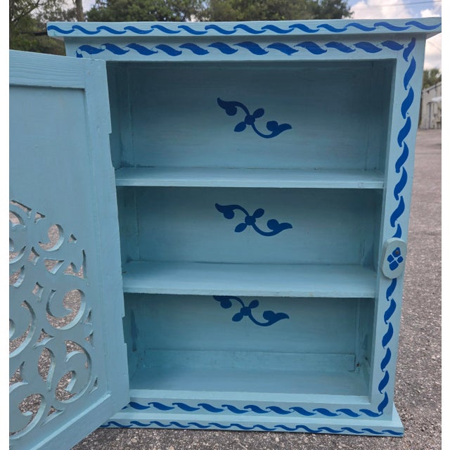 Hand Painted Mediterranean Medicine Cabinet / Wall Shelf / Turquoise and Blue Zouak For Sale - Image 4 of 7