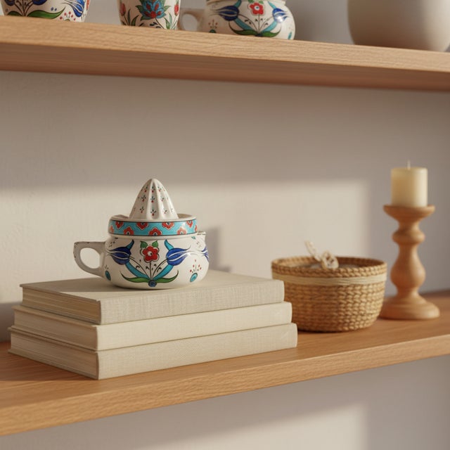 Handmade Ceramic Decorative Lemon Juicer Sculpture – Hand-Painted Iznik Tulips – Kitchen Shelf Decor Accent (Not Food Safe) For Sale - Image 9 of 13