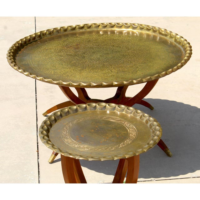 Vintage Moroccan Hand-Engraved Brass Tray Coffee & Side Table Set, 1960s For Sale In Naples, FL - Image 6 of 18