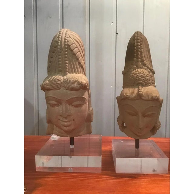 Stone Antique Central American Aztec Stone Heads with Acrylic Glass Base, Set of 2 For Sale - Image 7 of 7
