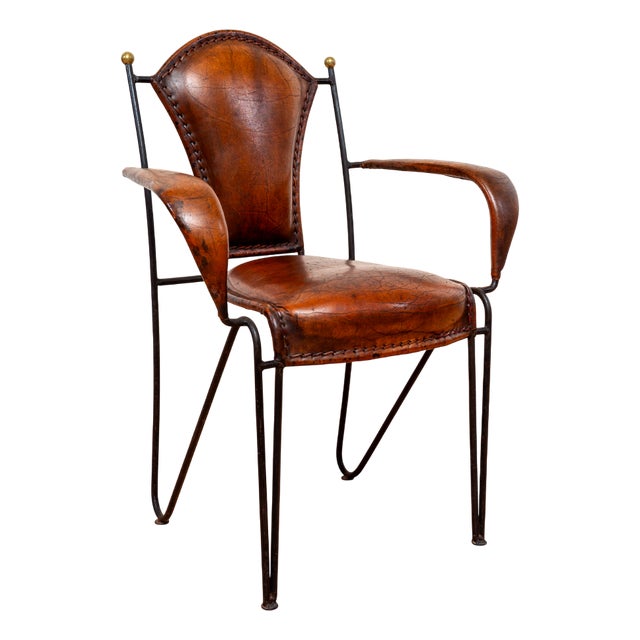 Mid-Century Modern Sculptural Leather Armchair in Iron and Brass from Jacques Adnet, 1950s For Sale