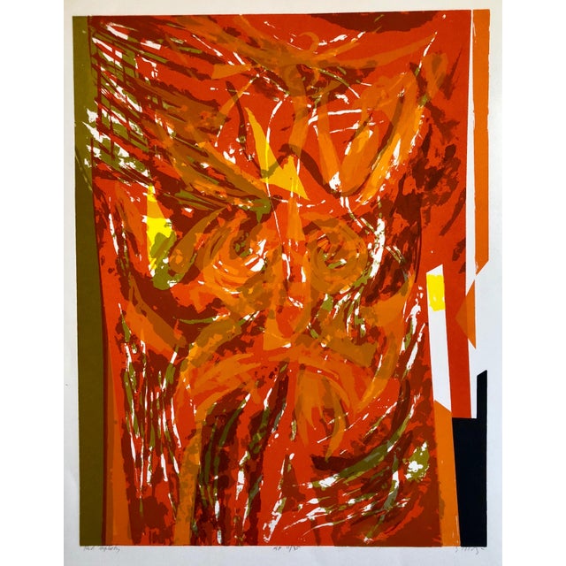 Seong Moy, Chinese American Modernist Abstract "Red Tapestry" Color Lithograph, 1982 For Sale