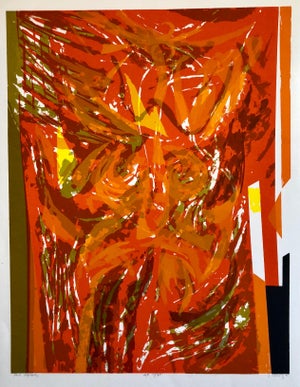 Seong Moy, Chinese American Modernist Abstract "Red Tapestry" Color Lithograph, 1982