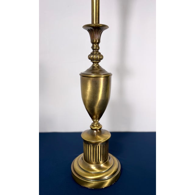 Complete Stiffel Brass Torchiere With Original Waffle Weave Diffuser, Original Drum Shade and Finial For Sale In Houston - Image 6 of 13