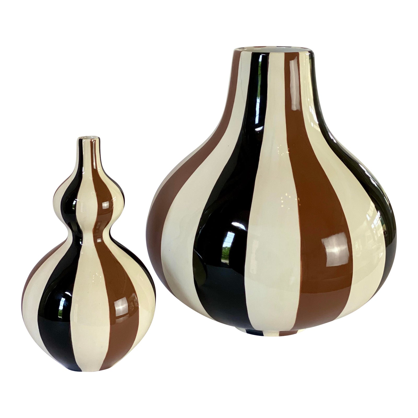 Jonathan Adler Modernist Contemporary White Black & Brown Striped Vases