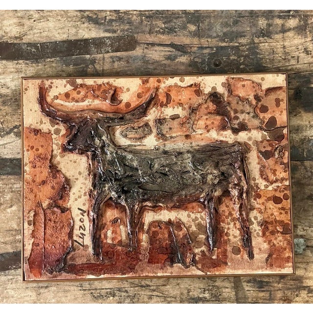 Vintage Original Mixed Media Bull on Canvas For Sale - Image 10 of 12