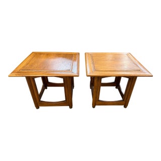 Pair of Vintage Mid-Century Modern Square Walnut & Oak Side Tables For Sale