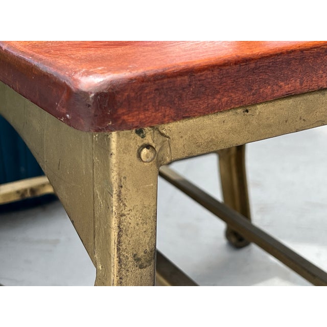 Brown Restored 1900s Antique Child's School Chair Gold Painted Metal With Red Mahogany Colored Stained Wood Seat & Back Wooden Kindergarten Chair For Sale - Image 8 of 18