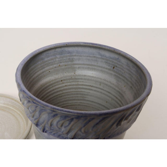 Blue Vintage Periwinkle Incised Studio Ceramic Planter With Saucer by Deanna Nichols For Sale - Image 8 of 15