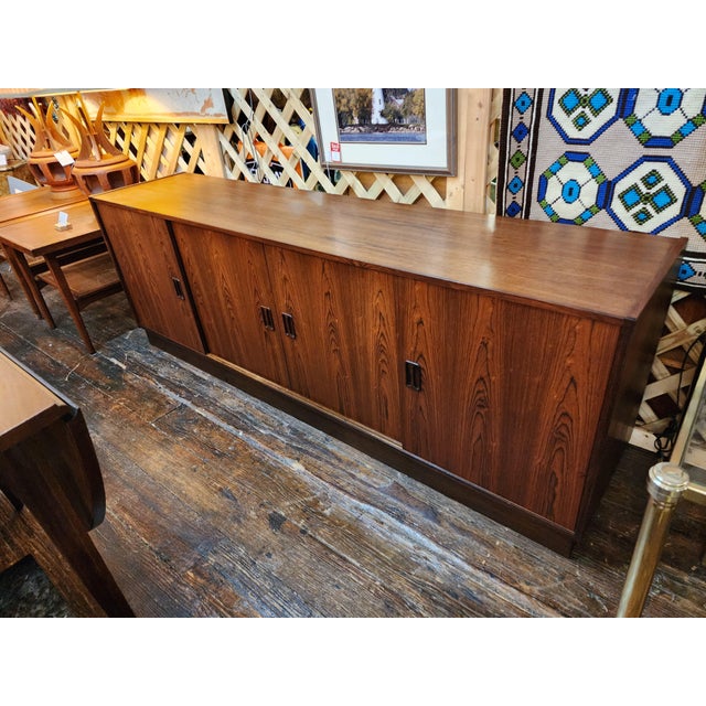 Mid-Century Modern Vintage Mid Century Modern Rosewood Credenza by P. Vestergaard | Sliding Door Sideboard Cabinet | Danish Modern Storage Console, Attributed For Sale - Image 3 of 17