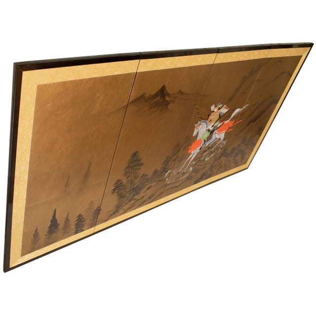 Excellent Japanese 4-panel painted Byobu (folding screen) depicts Samurai on his horse. Signed and sealed by artist....