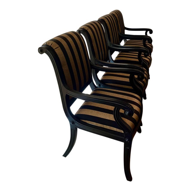 Set of 4 Kreiss Dining Room Chairs With Jim Thompson Black & Gold Striped Silk Fabric For Sale