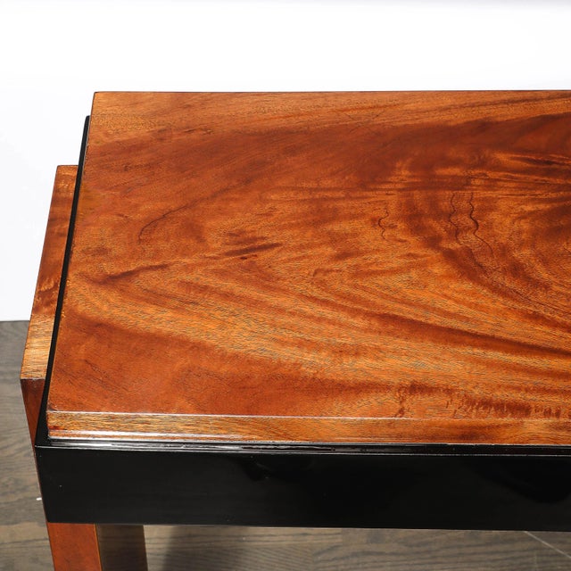 Art Deco Machine Age Book-Matched Walnut W/ Black Lacquer Accents Console Table For Sale - Image 13 of 16