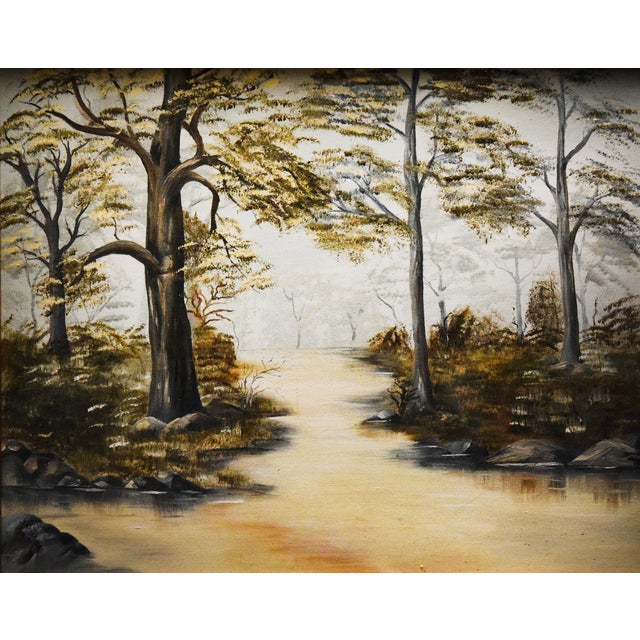 Oil on canvas depicting a serene river flowing through a forest landscape. The scene is bathed in a warm, golden light,...