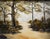 Oil on canvas depicting a serene river flowing through a forest landscape. The scene is bathed in a warm, golden light,...