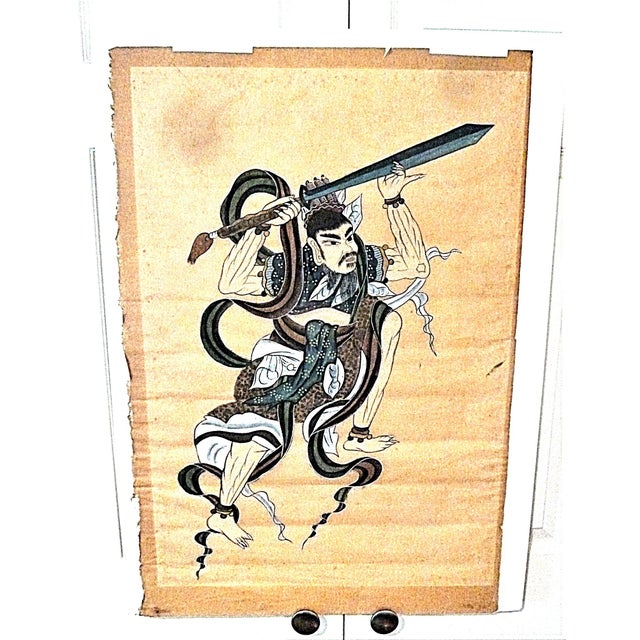 Mid-Century Modern 1940s Samurai Warrior Signed Original Scroll Painting, Framed 29"x20" For Sale - Image 3 of 7