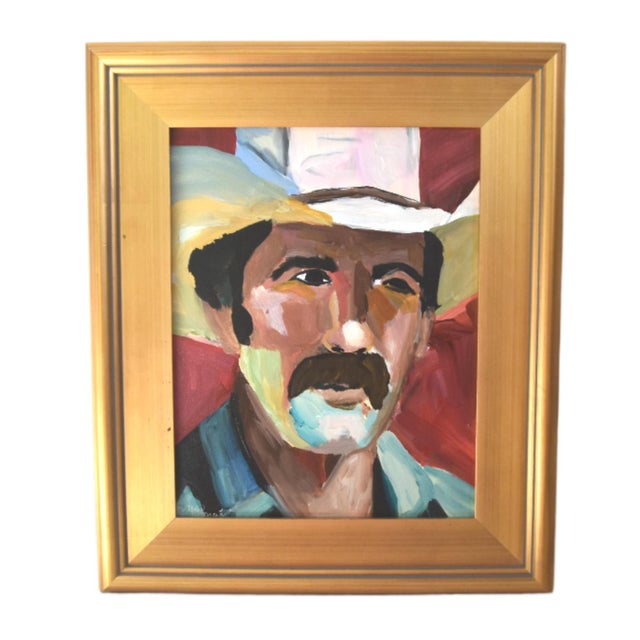 2020s Impressionist Cowboy W/ Hat Painting Including the Antiqued Gold Wood Frame For Sale - Image 5 of 5