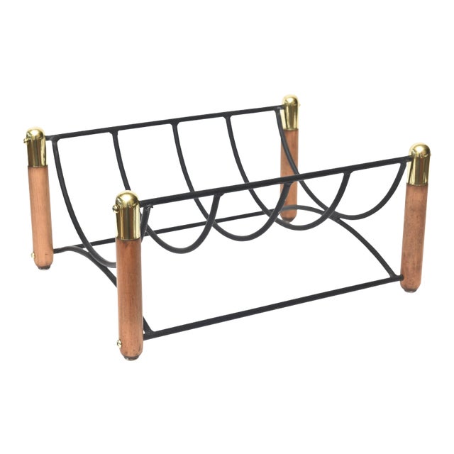 Vintage Wood, Iron and Brass Magazine or Fireplace Log Rack Mid Century Modern For Sale