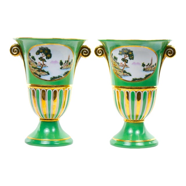 Pair Antique Paris Porcelain Parcel Gilt and Hand Painted Vases For Sale