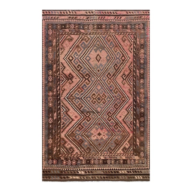 Vintage Maimana Kilim Area Rug, Handwoven Wool, 8x12, Rose & Slate For Sale