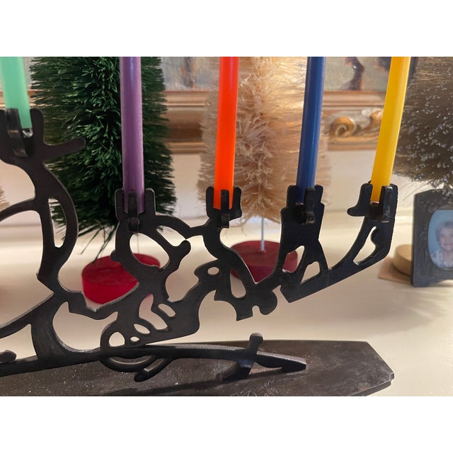 A.W. and Marion Geller 1970s Spectacular Brutalist Industrial Style Iron Menorah Candleabra Signed B W Geller For Sale - Image 4 of 6