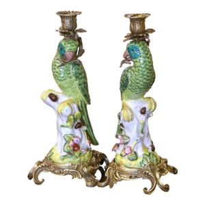 Mid-Century Chinese Export Porcelain Parrot Candlesticks on Gilt Bronze Bases - a Pair