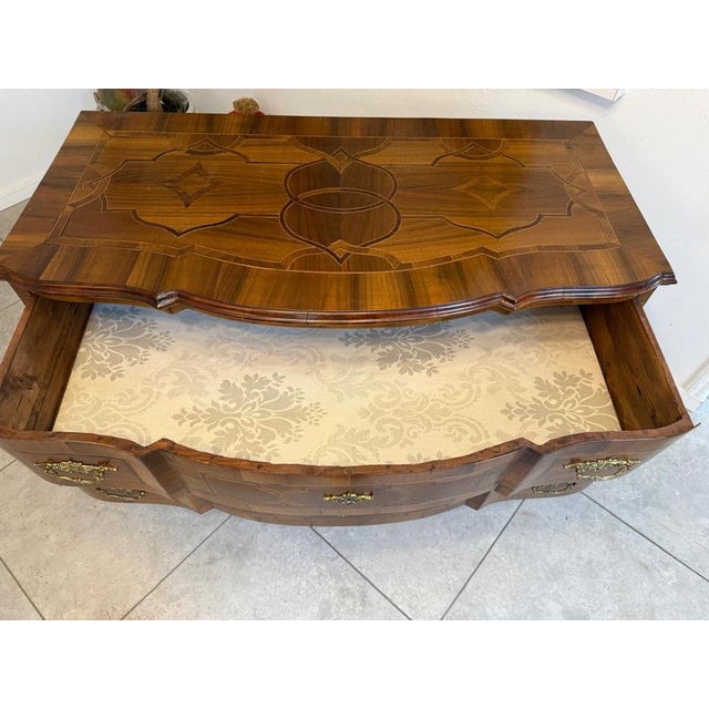 Baroque Chest of Drawers in Fruitwood Marquetry and Walnut For Sale - Image 15 of 18