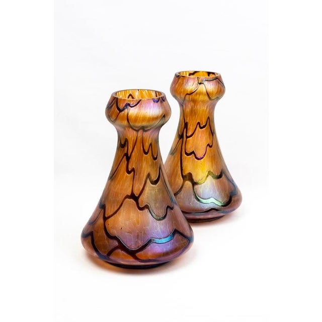 Amber-Orange Vases in Iridescent Molded Glass with Wavy Relief Decor from Pallme-König & Habel, Bohemia, 1900s, Set of 2 For Sale - Image 11 of 11