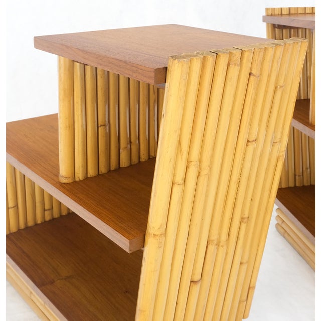 Pair of Restored 1950s Solid Mahogany & Bamboo Reed Step End Side Tables Stands MINT!
