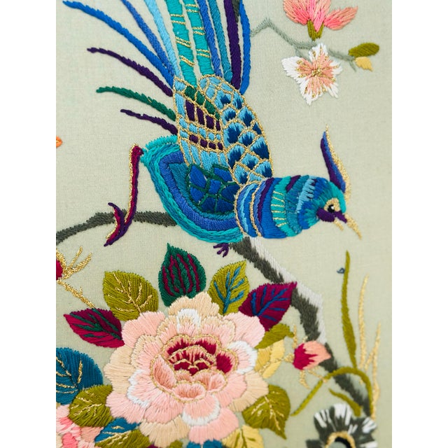 Vintage Chinoiserie Embroidered Silk Panel in Faux Bamboo Frame For Sale - Image 12 of 12