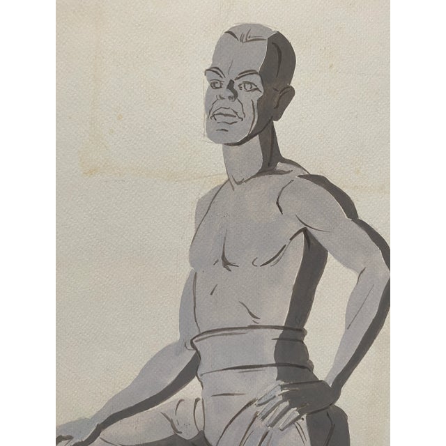 1950s painting of a shirtless man on a stool. Initialed lower right.