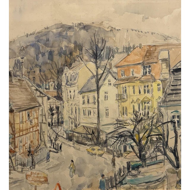 Blue Frank Franz, Lively Cityscape, 1960, Watercolor, Framed For Sale - Image 8 of 12