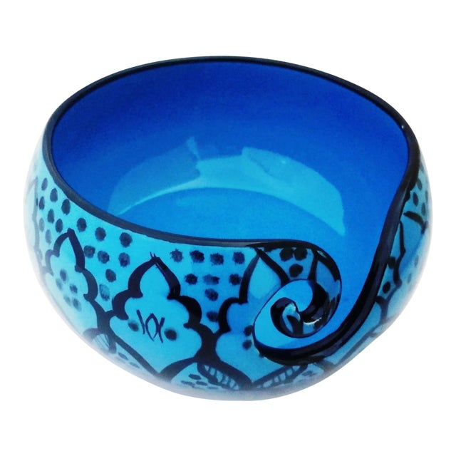 Boho Chic Handcrafted Greek Blue Ceramic Yarn Bowl For Sale