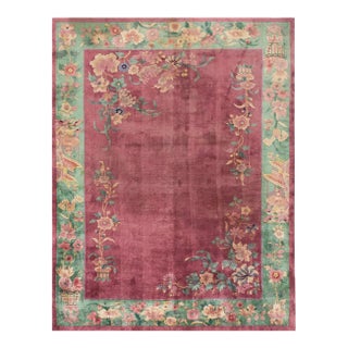 1920s Pink Rose Floral Antique Chinese Art Deco Rug 8'9" X 11'4" Handknotted Wool Carpet For Sale