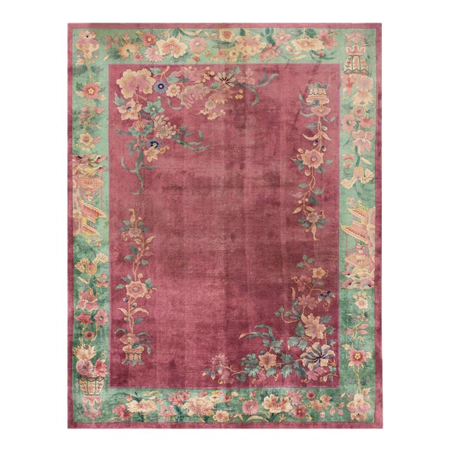 1920s Pink Rose Floral Antique Chinese Art Deco Rug 8'9" X 11'4" Handknotted Wool Carpet For Sale