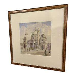 1957 Original Architectural Watercolor Painting, Framed